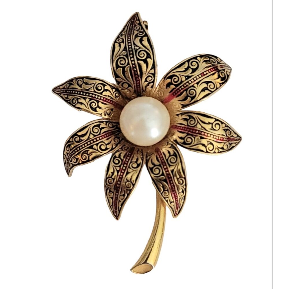 Spain Toledo Ware Faux Pearl Damascene Stem Flower Brooch Pin K422